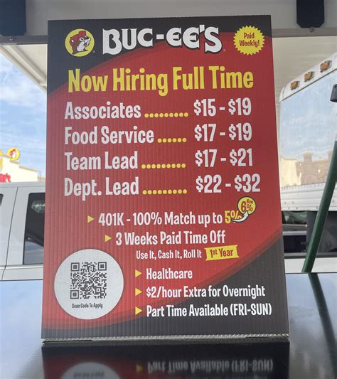 The average Buc-ee's hourly pay ranges from approximately $17 per hour (estimate) for a Gift Shop Clerk to $44 per hour (estimate) for an IP Network Engineer. Buc-ee's employees rate the overall compensation and benefits package 3.4/5 stars.. 