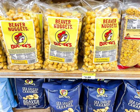 Beaver nuggets. Beaver nuggets is a Buc-ee's icon. These are crunchy, sweet corn puffs corn and a favorite buc ee's snacks for many Texans. They come in a few variations including the cheesy and savory nuggets. The spicy, cheesey version of the puffed corn nuggets are called the Buc ee's nug ees.. 
