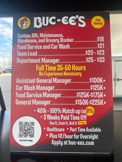 Buc-ee's pay scale. Buc-ee’s wages vary from state to state, but the travel center typically pays $14 to $17 an hour for cashiers, bathroom attendants and warehouse staff. Food service workers can earn up to $20 ... 