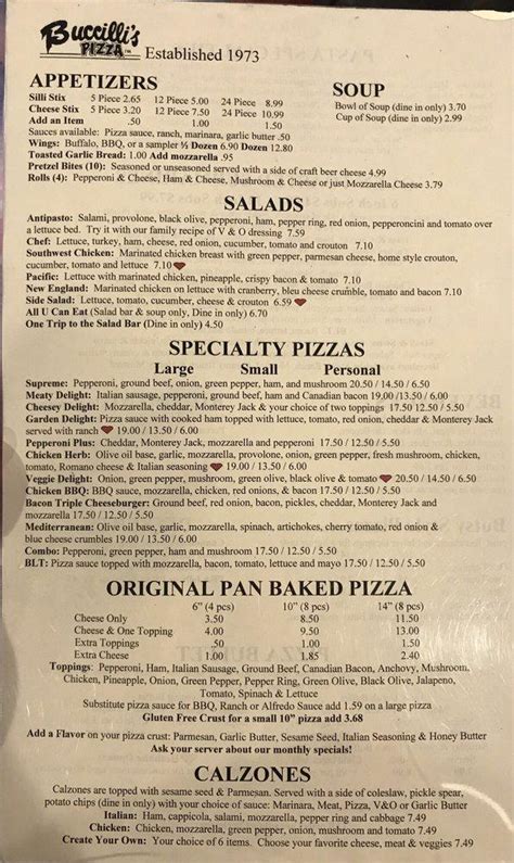Menu items and prices are subject to change without prior notice. For the most accurate information, please contact the restaurant directly before visiting or ordering. View the online menu of Buccillis Pizza - Clare and …. 