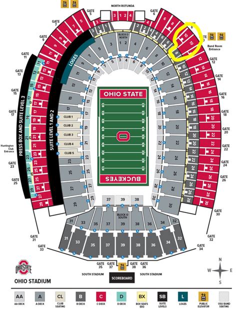 Club Seats. Club Seats at Ohio Stadium are among the best seats for an Ohio State football game. Guests will be seated on the Buckeyes sideline within 50 rows of the field. All Club Seats are between the 25-yardlines and have great elevation for seeing the whole field. There are 35 rows in each club section with row 1 at the front.. 