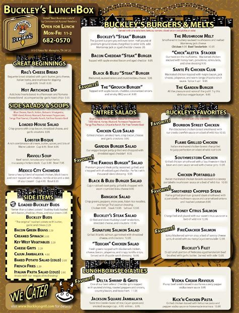 Buckley's menu memphis. You can call 603-424-0995 or make your reservation ONLINE. Reservations can be made for indoor dining only. Seasonal outdoor dining (currently closed) is sat at a walk-in basis. 