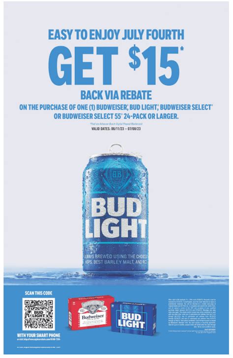 Jul 12, 2023 · The Bud Light Rebate 2023 just made it even better! Get ready to dive into the exciting world of Bud Light Rebates and discover how you can enhance your drinking experience while saving some extra cash. With enticing offers and exclusive deals, this rebate program is designed to elevate your enjoyment of America’s favorite light beer. . 