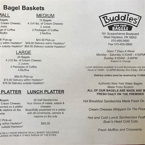 Buddies bagels menu hazleton pa. With friendly and prompt service, Buddies Bagels ensures a great dining experience for all customers. At Buddies Bagels, customers can indulge in delicious hot and cold bagel sandwiches, paired with freshly brewed coffee. Their menu also features hand-whipped cream cheeses and fresh-sliced Boar's Head meats, guaranteeing a satisfying meal. 