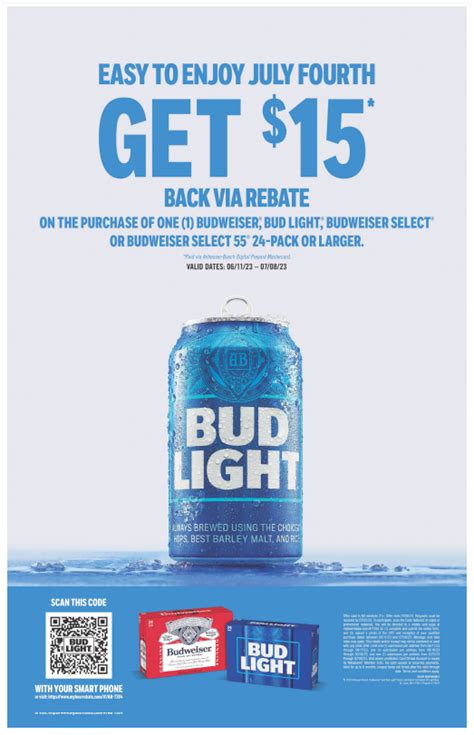 Budweiser dollar10 rebate. check this page weekly for digital rebate savings! description amount starts expires blue moon, leinenkugel's, vizzy hard seltzer, topo chico, simply spiked, or arnold palmer spiked / (1) 12, 15 or 24-pack / $10.00 ... budweiser family product / (1) 24-pack or larger / $8.00: $8.00: 4/1/24: 6/30/24: busch family, natural family, bud ice ... 