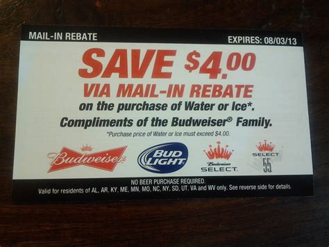 Budweiser mail in rebate. 6/5: Confirmation e-mail Subj: Your Anheuser-Busch Rebate Information 6/6: $10 Payout E-mail from "Bud Light Trade Marketing Team" budlight@budlight.com, Subj: Bud Light Rebate Program. I had to pull the rebate card out of the Junk folder on Hotmail. FYI James. No problem using debit online for USAA car insurance a few mins later. Done. 