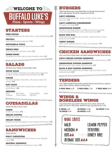 Menu for Buffalo Luke’s's with prices. Browse the menu items, find a location and get Buffalo Luke’s's delivered to your home or office. ... Jasper, GA. Kennesaw, GA. Get to Know Us About Us Careers Investors Company Blog Engineering Blog Merchant Blog Gift Cards Package Pickup Promotions Dasher Central LinkedIn Glassdoor Accessibility .... 