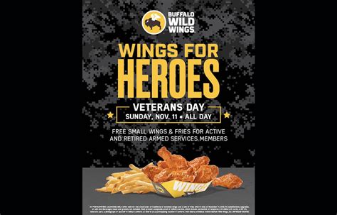Here's a list of restaurants and places offering Veterans Day free meals and deals 2022. ... Buffalo Wild Wings is giving veterans and active-duty service members with valid ID 10 free boneless .... 