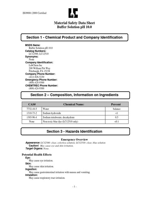 Buffer Solution pH 10 Safety Data Sheet - Lewis University