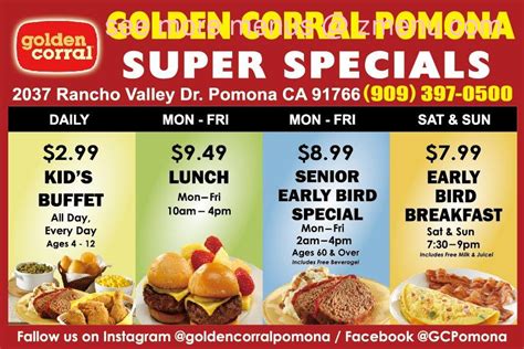 Buffet menu at golden corral. Lunch Buffet Menu. Our lunch buffet is never short of tasty menu options to pick from. Whether you prefer burgers, soup and salad, or a hearty hot meal, lunch at Golden Corral will keep your body fueled for the day. 