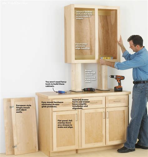 Build your own cabinets. Drop the first side panel down into the face frame dado and tap it gently into place with the rubber mallet. You will then need to secure it with brads. Do the same for the other side panel. Insert bottom floor or bottom panel. The bottom floor is for base cabinets, while the bottom panel is for wall cabinets. 
