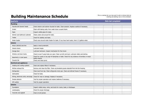 Building Maintenance Schedule Template Excel xlts