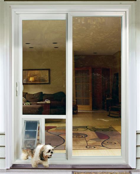 Built in dog door in sliding glass. The top spring-loaded adjusting section of the Patio Pet Door appears as an "H" piece when viewed from the side. The overall width of this piece is 11/16" (Will fit into most any sliding glass door track). The spring-loaded adjustment provides for a 3.25" range for proper fitting into your opening. 