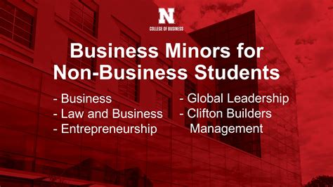Minor in Business Requirements. Students must complete 15 credits from the following courses: The business minor provides students access to coursework that spans a wide range of business fields. Through exposure to relevant concepts, students will develop technical business skills and the ability to leverage those skills. . 
