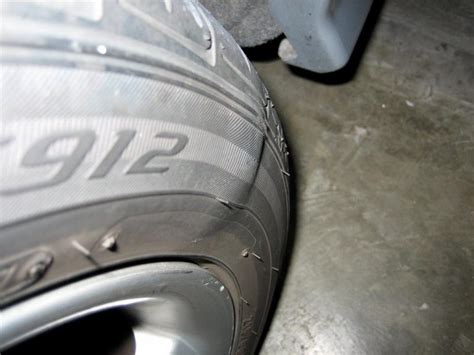 Bulge in tire sidewall. First things first: prevention and early detection are key to avoid getting caught off guard by tire hazards. Conduct routine at-home inspections every couple weeks. Look for these key indications of damage: Cuts, punctures, gouges. Cracks/crazing wider than 1/8″. Blisters, bubbles, bulges. Knots, ripples, deformities. 