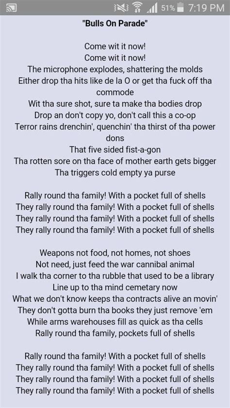 Bulls on parade lyrics. Well also, Bulls on parade Symbolizes the Stock market. Bull market or bear market. The song is partially meaning that the United States Gov is willing to trade lives and liberties for a good economy. awesome song. This song is about how governments use propaganda to their people into supporting whatever they want. 