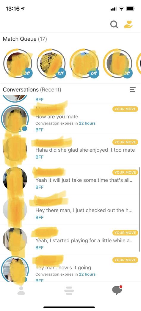 Bumble bff reddit. hollsmm. •. Okay what you need to do is try to actually meet up in person as soon as you can. There is a small window of mutual interest available you must handle it correctly for it to go anywhere. What I usually do when I match with someone is pull something, anything from their bio and message them with that. 