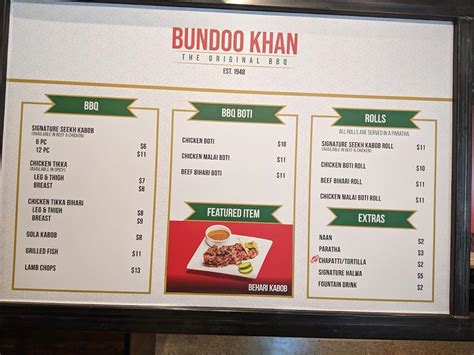 Bundoo khan menu. Dropped into Bundoo Khan for dinner while at the Global Village last night. Ordered the behari kebab, chicken haleem, fried paranthas, mutton biryani. The overall food was average. The portion sizes were small and the food was served on poor quality styrofoam plates. The behari kebab was amazing though. 