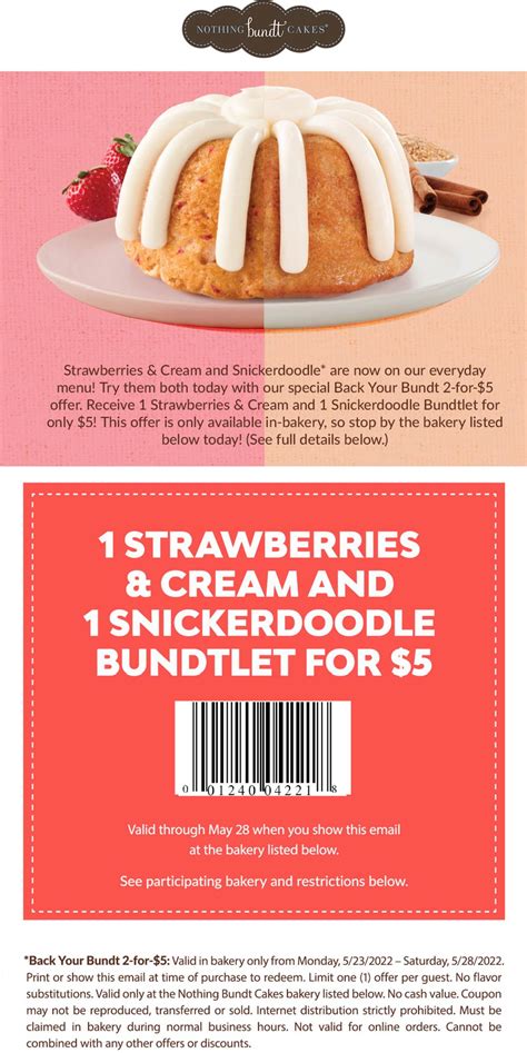 Bundt coupons. Nothing Bundt Cake BOGO FREE Bundlet through April 29 $3 (YMMV) $3.00. $6.00. +3. 2,082 Views 7 Comments Share Deal. Nothing bundt cake is offering buy one get one free Individual Bundlet at select locations when you use the promo code BOGO424. ONLY $3 each or $6* for both. *Individual Bundlets are $5.50 or $6 each depending on the location. 