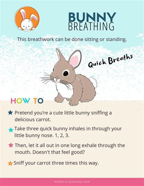 Bunny breathing exercise. Inhale through either your nose or mouth, and exhale unforced. Repeat this 30-40 times, inhaling deep in your stomach and into your chest. Each breath should feel short and powerful. After repeating this kind of deep breathing the desired amount of times, take one last deep inhale and release fully. 