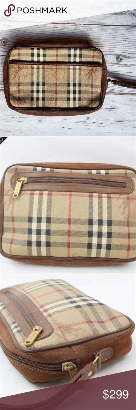 Burberry Pouch Canvas Wristlet Purse Designer Logo Bag Gold Clip