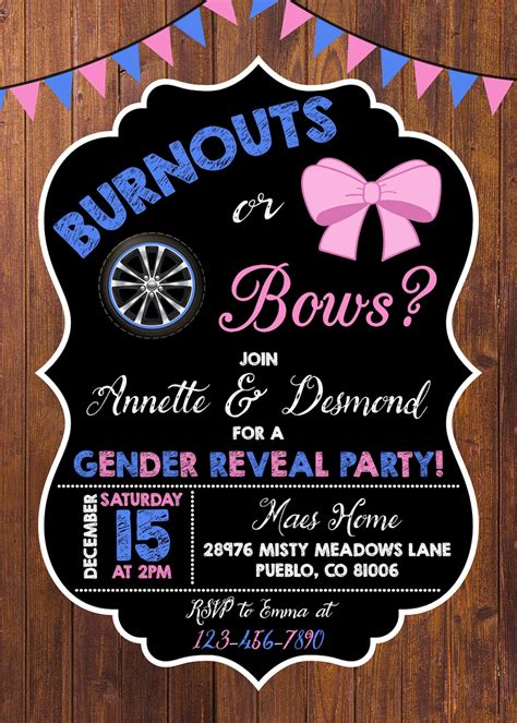 Burnouts or bows invitation. Personalized Burnouts or Bows Invitation, Burnouts or Bows Baby Shower, Burnouts or Bows Gender Reveal, 24 hr service, Baby (983) Sale Price $4.50 $ 4.50 $ 6.00 Original Price $6.00 (25% off) Add to ... 