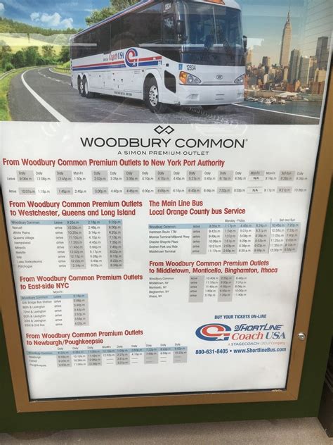 Bus from woodbury commons to port authority. Bus from Port Authority Bus Terminal to Woodbury Common, NY - bus shelter Ave. Duration 48 min Frequency Twice a week Estimated price $6 - $18 Schedules at coachusa.com Child (0-14) $6 - $9 Seniors 62+ and Special Needs $7 - $11 Adults 15-61 $12 - $18 Bus from Port Authority Bus Terminal to Woodbury Common, NY Ave. Duration 1h 7m Frequency ... 