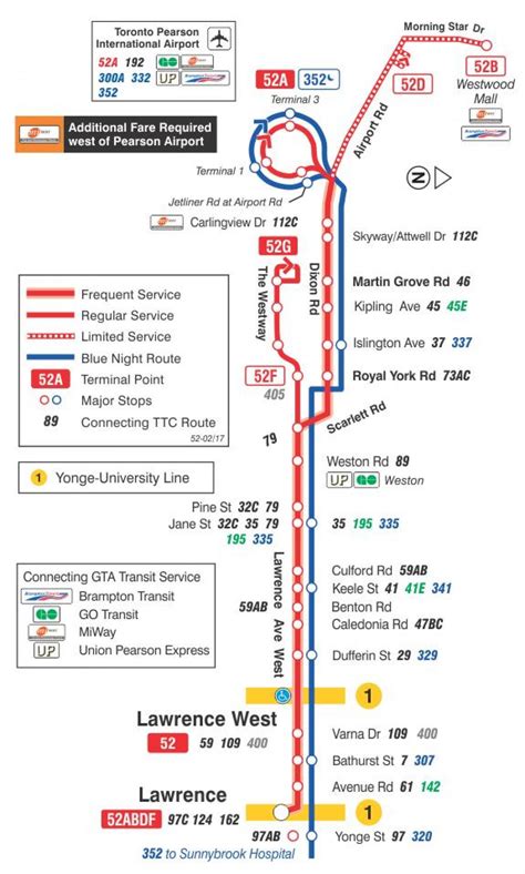 Regular service. Operates all day, every day, until 1 a.m. One or more branches operate as part of the 10-Minute Network. 10-minute or better service from 6 a.m. to 1 a.m. Monday to Saturday; operates from 8 a.m. to 1 a.m. on Sundays. Route map. Route description.. 