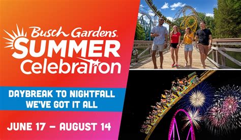 Fireworks Spectacular on select nights at 9:00 PM on the Festival Field. Event Info. Buy Tickets. Enjoy world-class coasters, electrifying entertainment and more during extended summer hours. As the sun goes down, the party heats up at Busch Gardens Tampa Bay during Summer Nights. Explore the park after dark with extended park hours every night.. 