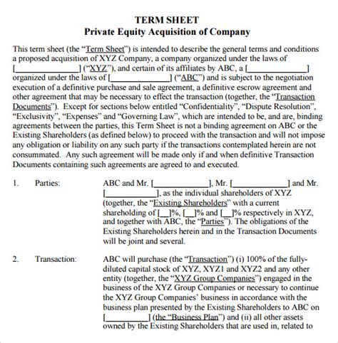 Business Acquisition Term Sheet Sample And Term Sheet Template Doc