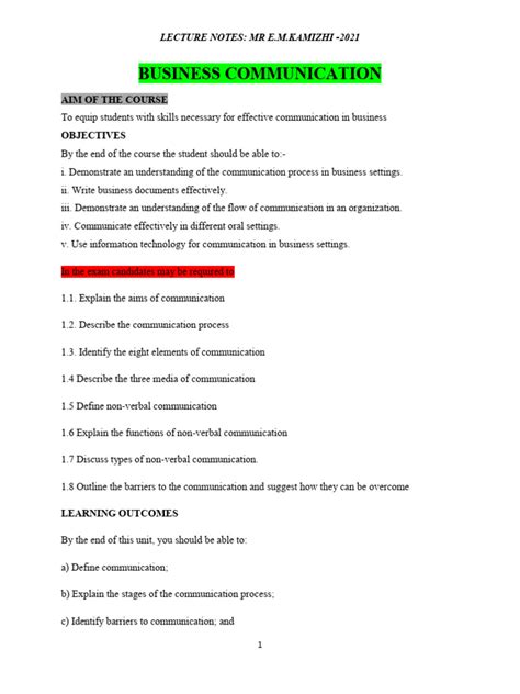 Business Communication Skills Lecture Notes