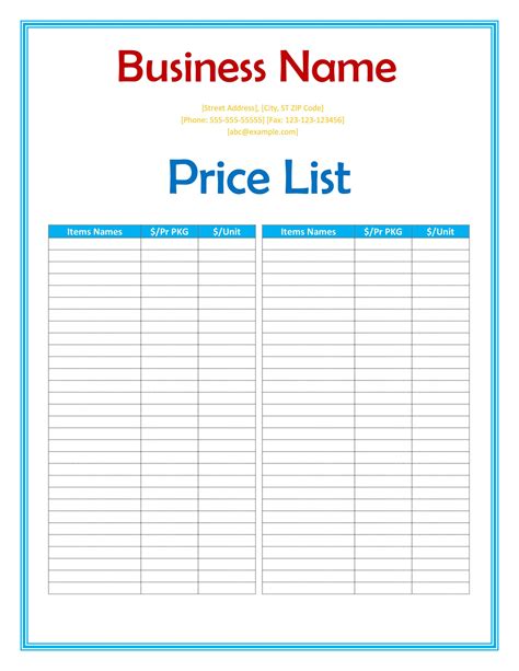 Business Price List Template