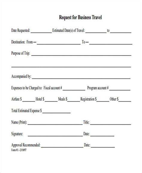 Business Travel Request Form Template Exce