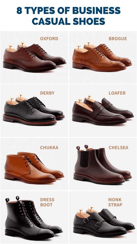 Business casual men shoes. 5 Types of Business Casual Shoes. 1. Derby. Main Features: Open lacing, round toe, stitched leather sole. Derby shoes are a timeless and minimalistic clothing item. These classy shoes are easily combined with most outfits and not to mention, a much more comfortable option than a pair of oxfords. 