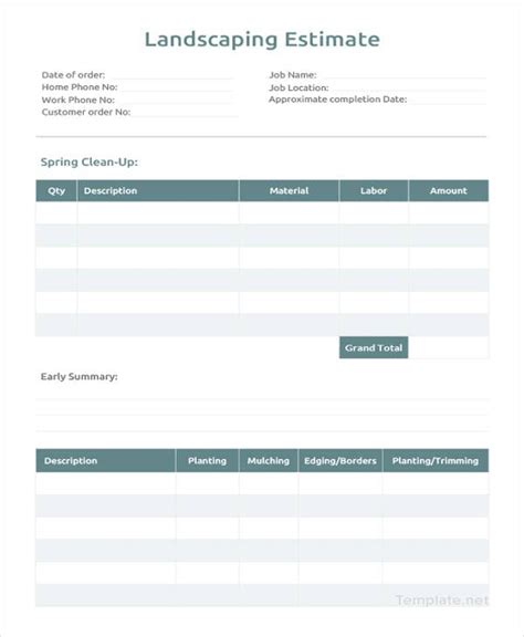 Business estimate form in Microsoft Excel format for use by landscaping