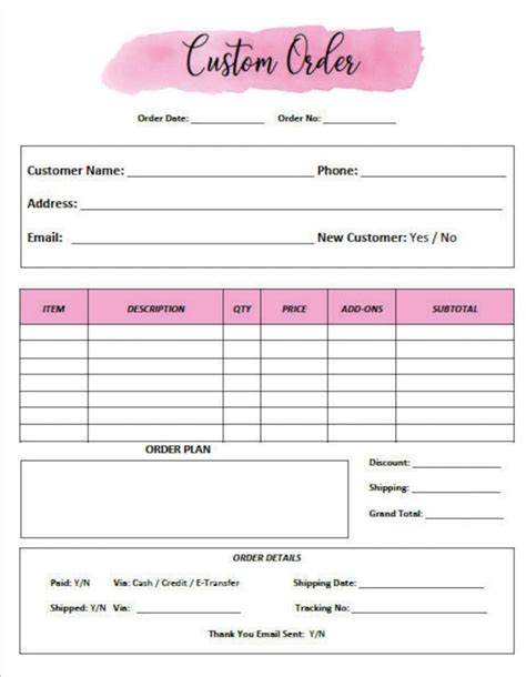 Business order forms Custom Order Forms Printable PDF