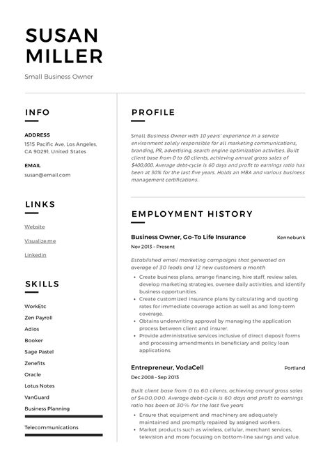 Business owner resume. 9. Business Owner Resume Example. Master of your business domain? Step into this Business Owner resume example, sculpted with Wozber free resume … 
