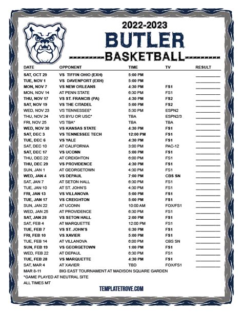 Butler Men's Basketball Printable Schedule