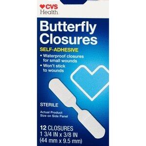 Butterfly bandage cvs. Equate Bandages in First Aid (39) Price when purchased online. In 200+ people's carts. $ 212. 21.2 ¢/ea. Equate Antibacterial Flexible Fabric Bandages, 10 Count. 583. Pickup today. 