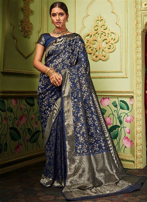 Buy Banarasi Silk Navy Blue Weaving Classic Saree Online