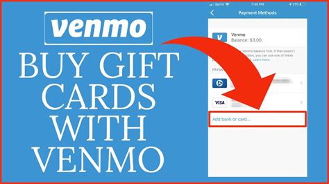 Buy gift cards with venmo. Venmo is a mobile payment service that allows you to make payments and request money with the touch of a finger. The app must be linked to a bank account, credit card, or debit card in order to work. Venmo allows users to use multiple cards, in addition to prepaid cards. To add a bank or credit card, navigate to Settings and select Add a Bank ... 