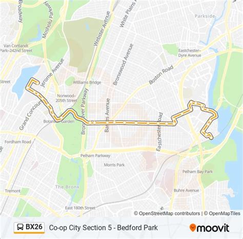 The first stop of the BX26 bus route is Earhart La/Erskine Pl and the last stop is W 205 St/Paul Av. BX26 (Bedford Pk Lehman Coll Via Allerton Av) is operational during everyday. Additional information: BX26 has 32 stops and the total trip duration for this route is approximately 43 minutes.