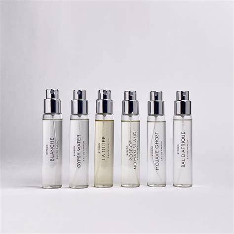 Byredo discovery set. Description. The gift of choice: whether for yourself or a loved one, La Grande Sélection discovery set is the ultimate way to find a new Byredo signature – and then get a bottle of it. Containing 24 x 2ml individual vials, the set covers our cult classics and the latest additions, from Bal d'Afrique, Blanche, Mojave Ghost to De Los Santos ... 