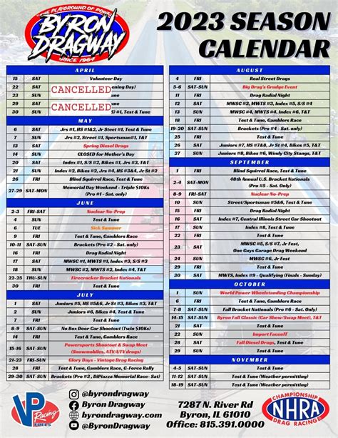 Byron dragway schedule. Sick Summer Presented By TBM Brakes will be the event for you, a drag-and-drive where the party matters just as much as the racing. Sick The Mag aims to bring a premium event experience to all of our events. Just like Sick Week in Florida, we will have the best VP track prep to create record passes, and we will have VP Racing Fuels following ... 