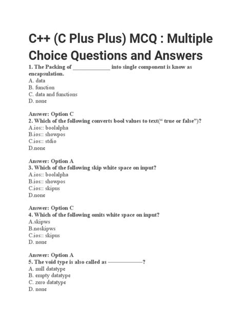 C++ MCQs C Plus Plus Programming Language Questions with Answers Multiple Choice Questions