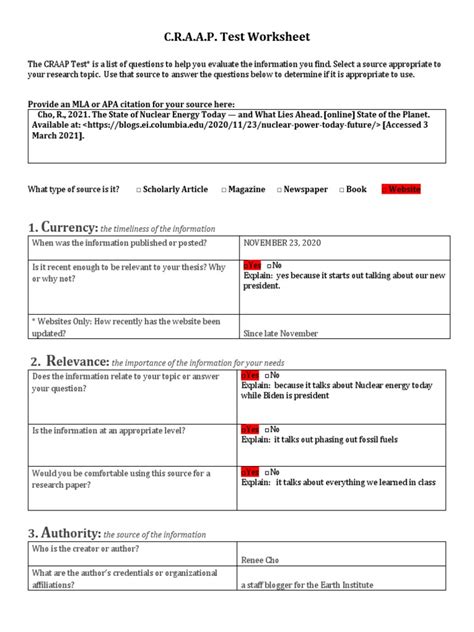 C.R.A.A.P. Test Worksheet 1. Urrency PDF Communication Cognition