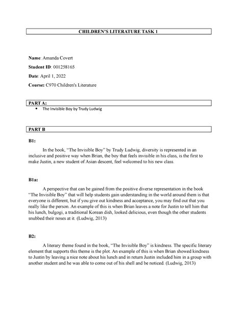 Childrens Lit C970 - Task 1; Related documents. C970 - Task 2 - Task 2; Task 1 C970 Children's Literature; WGU Connected Learning Segment Overview Template; Paper 2 - An essay; Task 2 Final Template - Task 2; Task 2 Childrens Lit; Preview text. A) Space/ Solar Systen Hidden Figures : The True Story of Four Black Women and The Space Race.