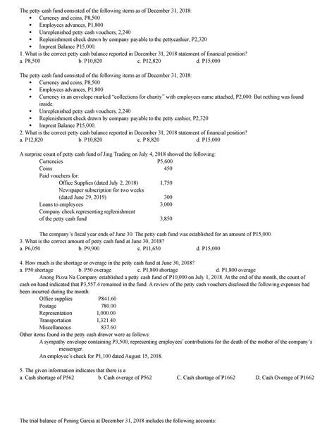 CASH-problems - fsdfsdf - The petty cash fund consisted of