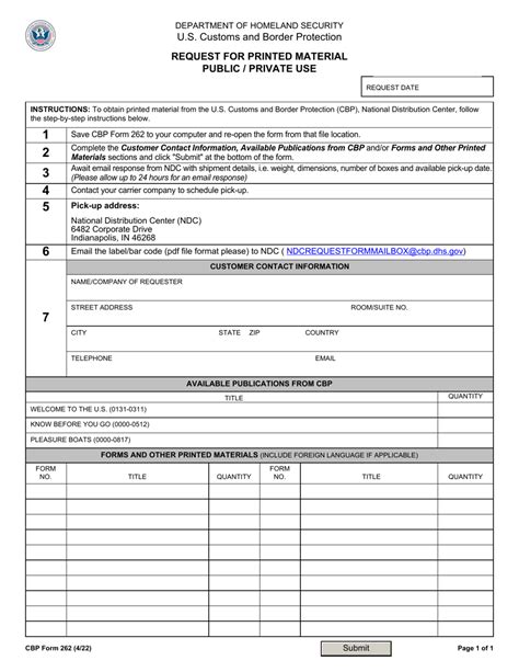 CBP Form 262 Download Fillable PDF or Fill Online Request for Printed