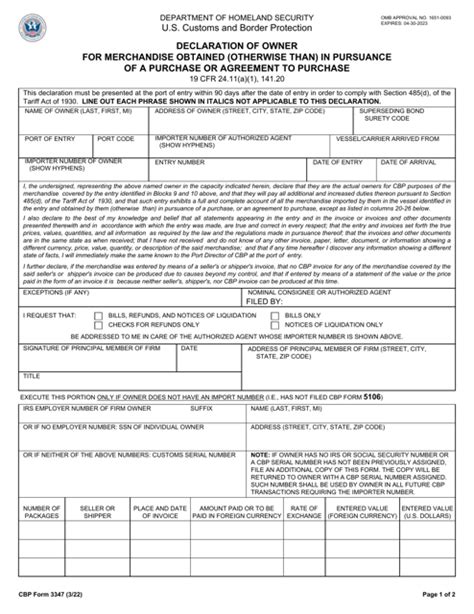 CBP Form 3347 Download Fillable PDF or Fill Online Declaration of Owner